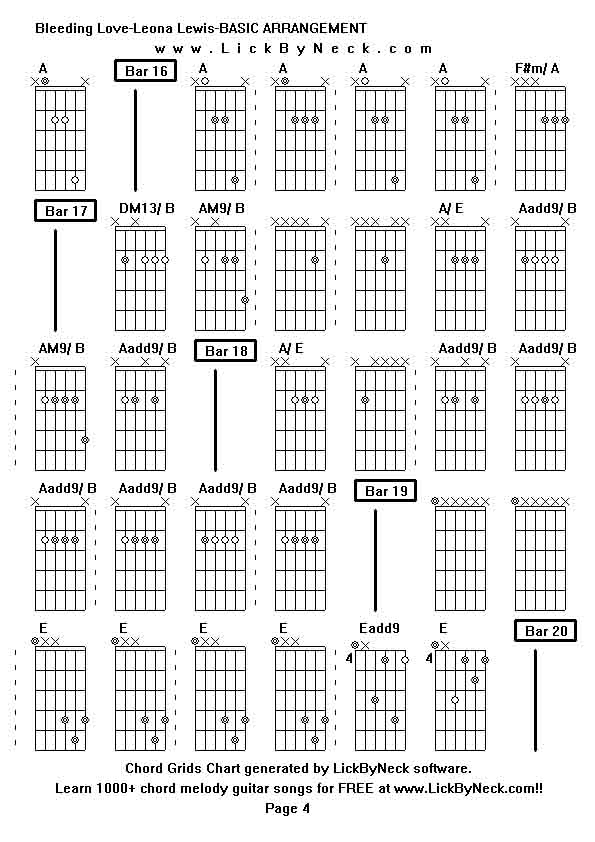 Chord Grids Chart of chord melody fingerstyle guitar song-Bleeding Love-Leona Lewis-BASIC ARRANGEMENT,generated by LickByNeck software.